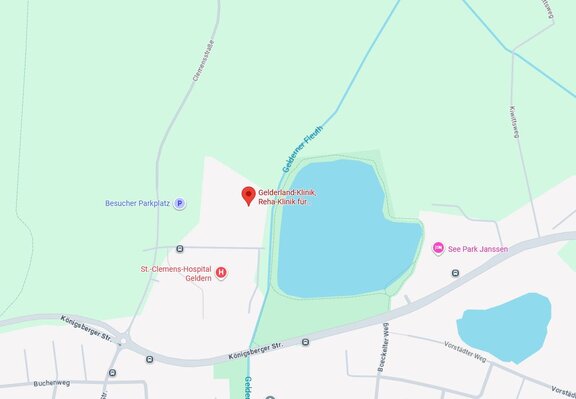 Ein Ausschnitt einer Landkarte auf der die nähere Umgebung der Gelderland-Klinik zu sehen ist.
